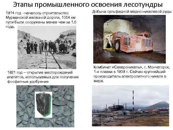 Этапы промышленного освоения лесотундры 1914 год - началось строительство Мурманской железной дороги, 1054 км