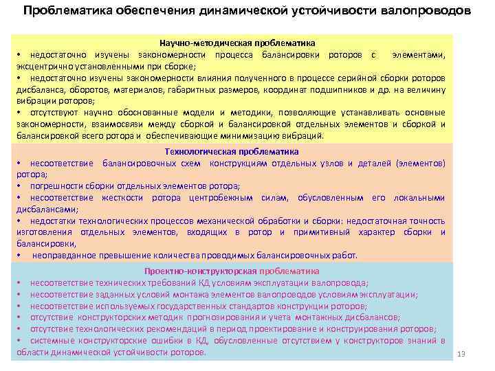 Проблематика обеспечения динамической устойчивости валопроводов Научно-методическая проблематика • недостаточно изучены закономерности процесса балансировки роторов