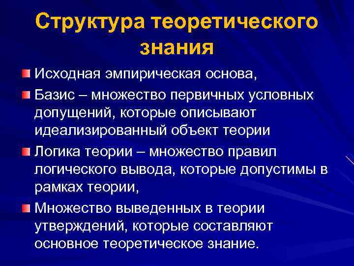 Структура теоретического знания Исходная эмпирическая основа, Базис – множество первичных условных допущений, которые описывают