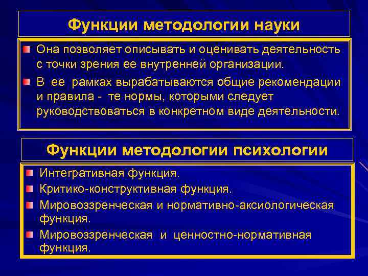 Функции методологии науки Она позволяет описывать и оценивать деятельность с точки зрения ее внутренней