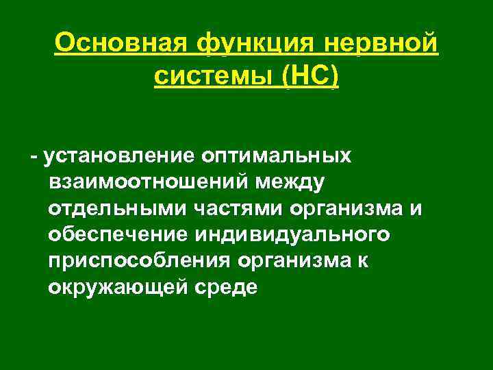 Основная функция нервной системы (НС) - установление оптимальных взаимоотношений между отдельными частями организма и