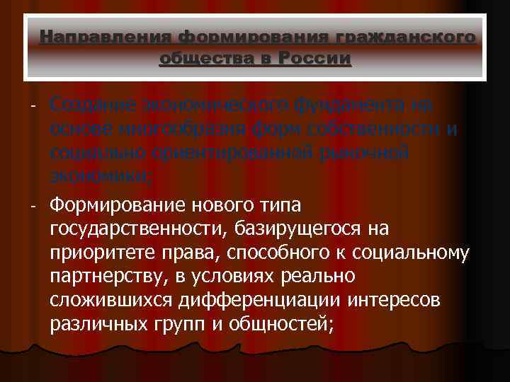 Направления формирования гражданского общества в России Создание экономического фундамента на основе многообразия форм собственности