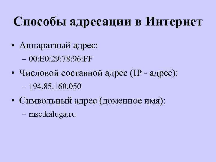 Способы адресации в Интернет • Аппаратный адрес: – 00: E 0: 29: 78: 96: