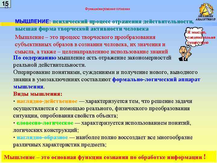 15 15 Функционирование сознания МЫШЛЕНИЕ: психический процесс отражения действительности, высшая форма творческой активности человека