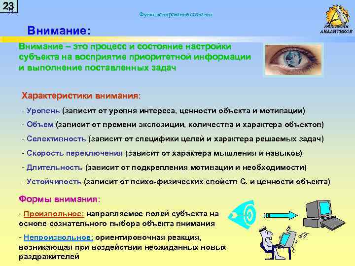 23 23 Функционирование сознания Внимание: Внимание – это процесс и состояние настройки субъекта на