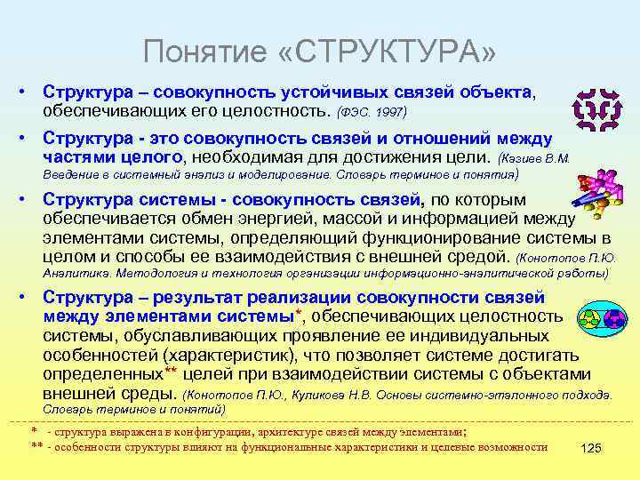 Понятие «СТРУКТУРА» • Структура – совокупность устойчивых связей объекта, обеспечивающих его целостность. (ФЭС. 1997)