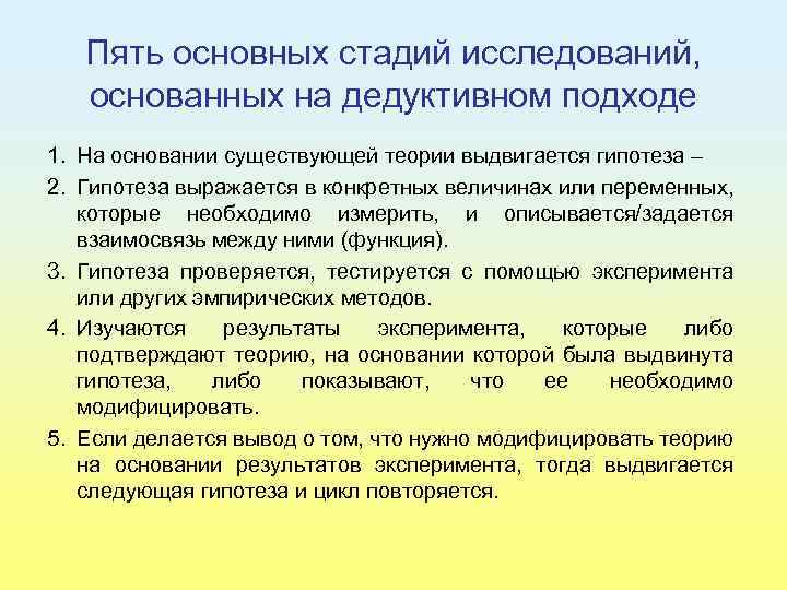 Пять основных стадий исследований, основанных на дедуктивном подходе 1. На основании существующей теории выдвигается