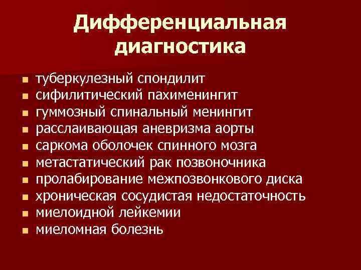 Дифференциальная диагностика n n n n n туберкулезный спондилит сифилитический пахименингит гуммозный спинальный менингит