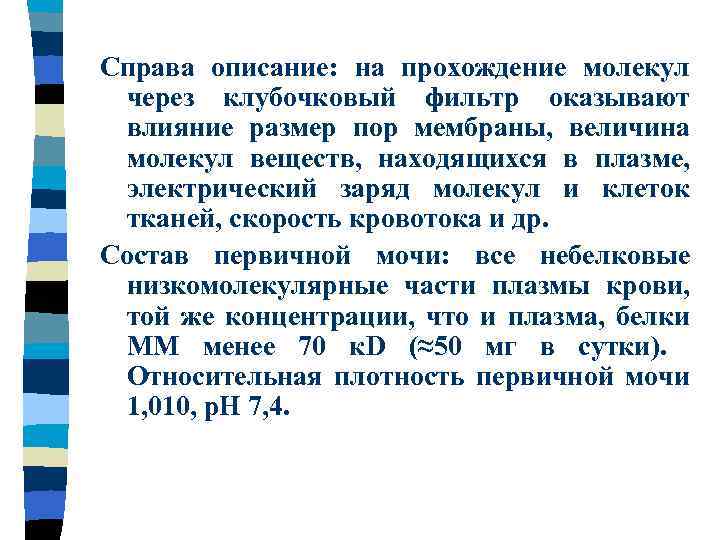 Справа описание: на прохождение молекул через клубочковый фильтр оказывают влияние размер пор мембраны, величина