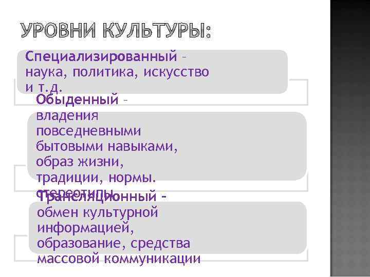 Специализированный – наука, политика, искусство и т. д. Обыденный – владения повседневными бытовыми навыками,