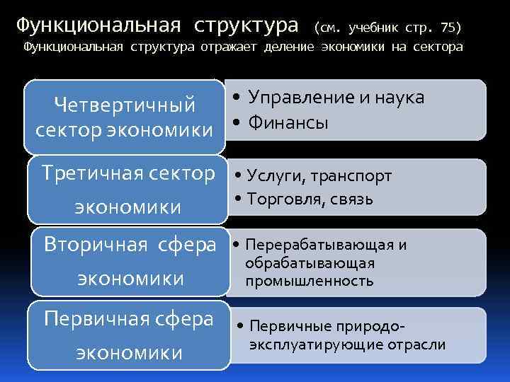 Функциональная структура (см. учебник стр. 75) Функциональная структура отражает деление экономики на сектора •