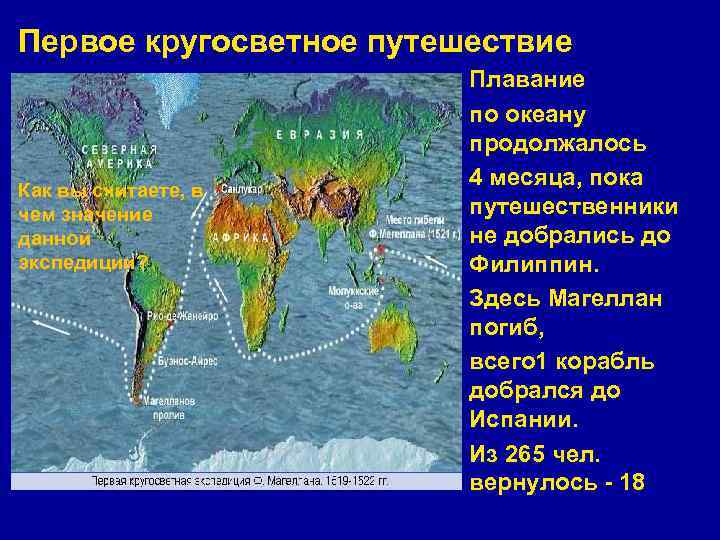 Первое кругосветное путешествие Как вы считаете, в чем значение данной экспедиции? Плавание В 1519