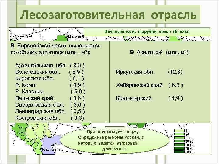 Лесозаготовительная отрасль Интенсивность вырубки лесов (баллы) В Европейской части выделяются по объёму заготовок (млн.