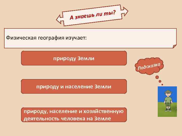 ? ешь ли ты А зна Физическая география изучает: природу Земли природу и население