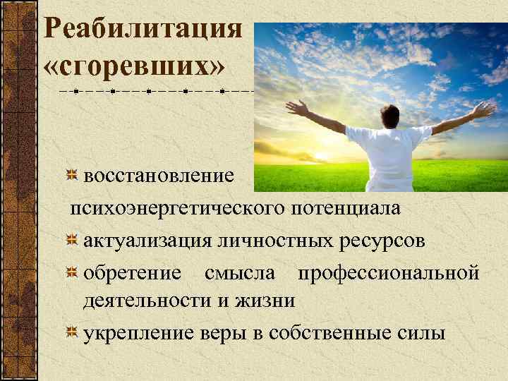 Реабилитация «сгоревших» восстановление психоэнергетического потенциала актуализация личностных ресурсов обретение смысла профессиональной деятельности и жизни