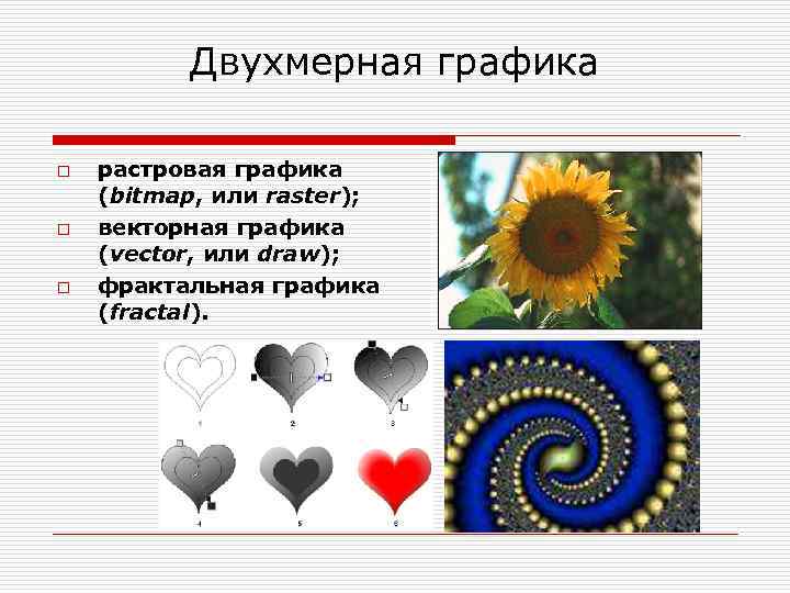 Двухмерная графика o o o растровая графика (bitmap, или raster); векторная графика (vector, или