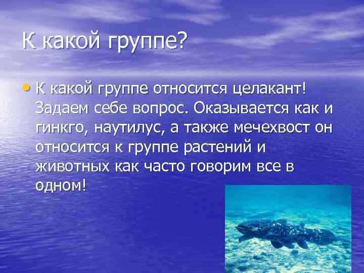 К какой группе? • К какой группе относится целакант! Задаем себе вопрос. Оказывается как