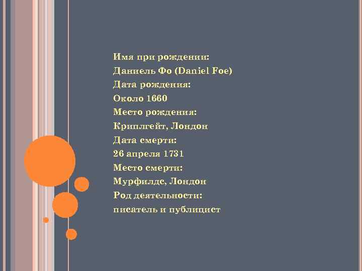 Имя при рождении: Даниель Фо (Daniel Foe) Дата рождения: Около 1660 Место рождения: Криплгейт,