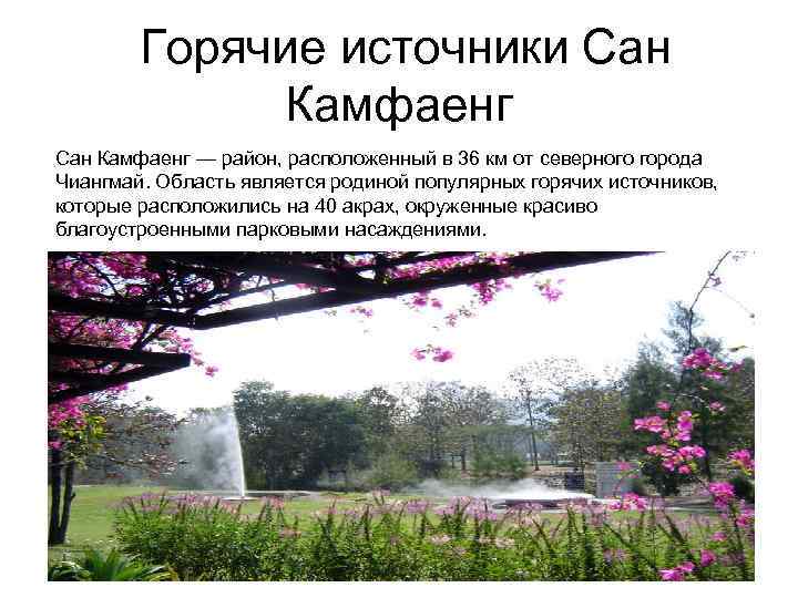 Горячие источники Сан Камфаенг — район, расположенный в 36 км от северного города Чиангмай.