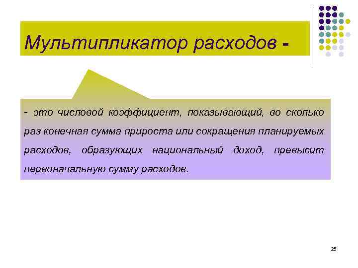 Мультипликатор расходов - - это числовой коэффициент, показывающий, во сколько раз конечная сумма прироста