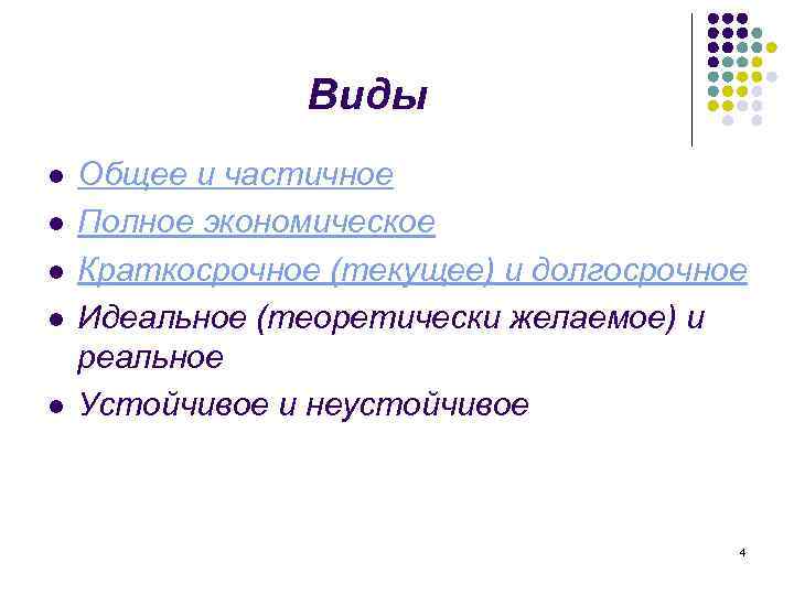 Виды l l l Общее и частичное Полное экономическое Краткосрочное (текущее) и долгосрочное Идеальное