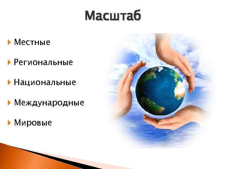 Масштаб Местные Региональные Национальные Международные Мировые 