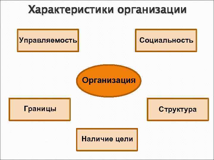 Характеристики организации Социальность Управляемость Организация Границы Структура Наличие цели 