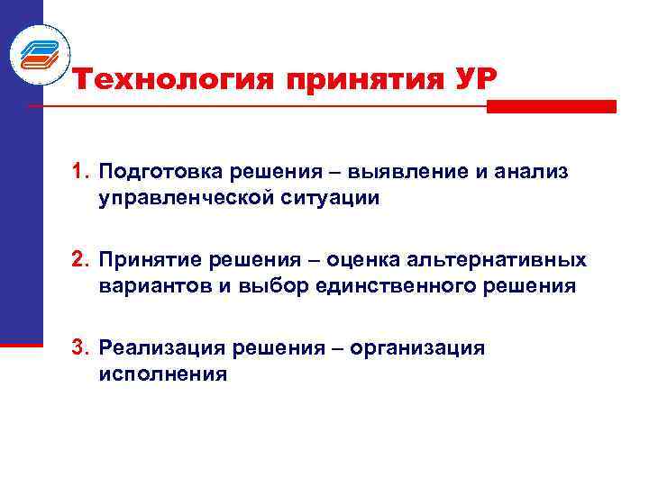Технология принятия УР 1. Подготовка решения – выявление и анализ управленческой ситуации 2. Принятие