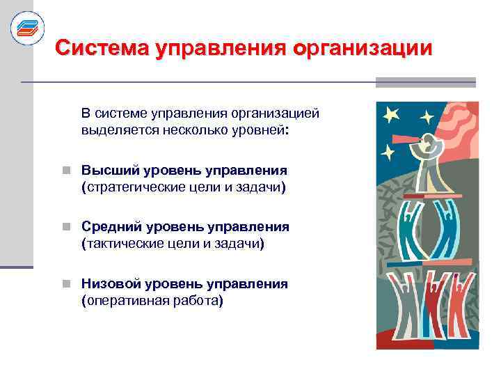 Система управления организации В системе управления организацией выделяется несколько уровней: n Высший уровень управления