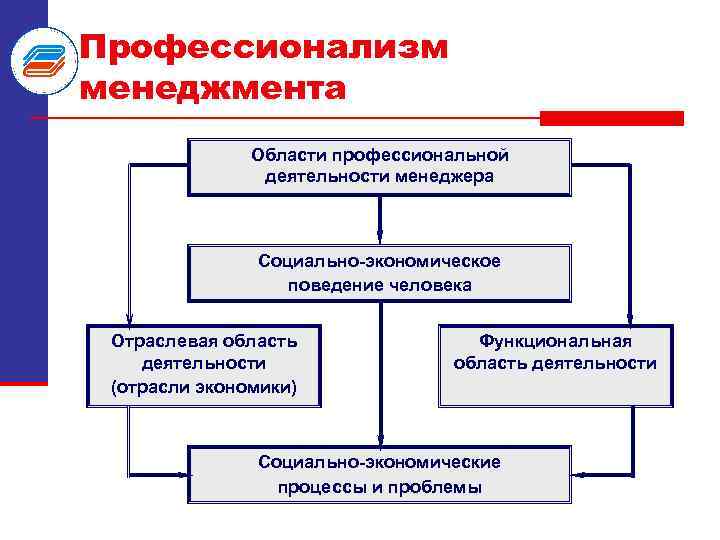 Профессионализм менеджмента Области профессиональной деятельности менеджера Социально-экономическое поведение человека Отраслевая область деятельности (отрасли экономики)