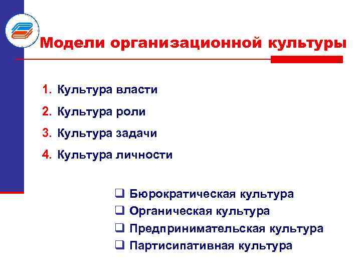 Модели организационной культуры 1. Культура власти 2. Культура роли 3. Культура задачи 4. Культура