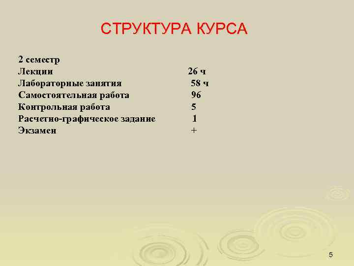 СТРУКТУРА КУРСА 2 семестр Лекции 26 ч Лабораторные занятия 58 ч Самостоятельная работа 96
