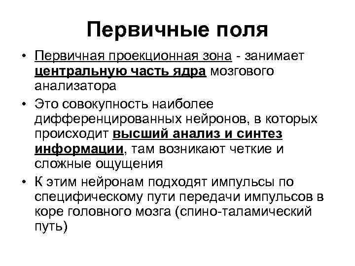 Первичные поля • Первичная проекционная зона - занимает центральную часть ядра мозгового анализатора •