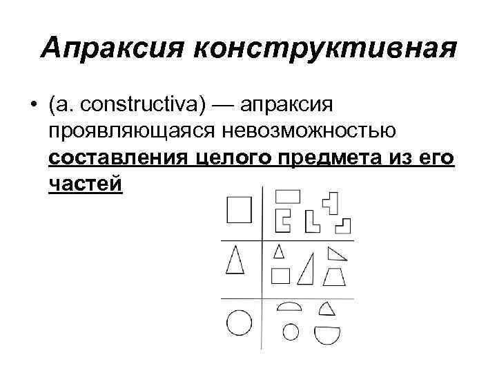 Апраксия конструктивная • (a. constructiva) — апраксия проявляющаяся невозможностью составления целого предмета из его