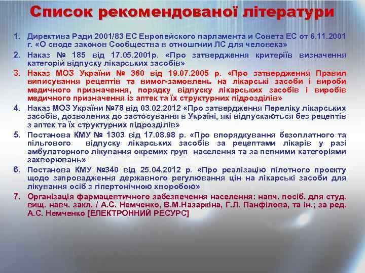Список рекомендованої літератури 1. Директива Ради 2001/83 ЕС Европейского парламента и Совета ЕС от