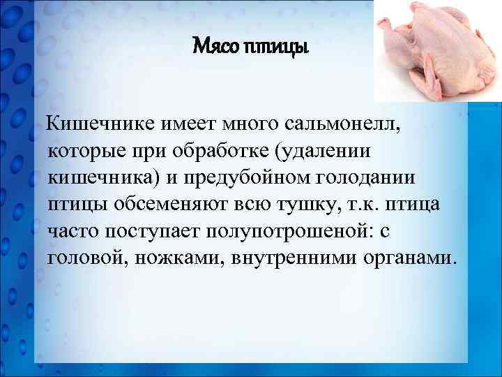 Мясо птицы Кишечнике имеет много сальмонелл, которые при обработке (удалении кишечника) и предубойном голодании