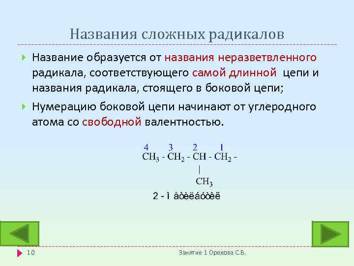 Названия сложных радикалов Название образуется от названия неразветвленного радикала, соответствующего самой длинной цепи и