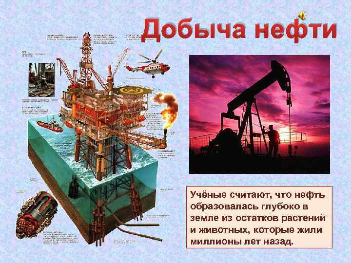 Добыча нефти Учёные считают, что нефть образовалась глубоко в земле из остатков растений и