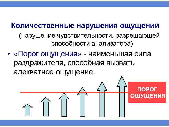 Количественные нарушения ощущений (нарушение чувствительности, разрешающей способности анализатора) • «Порог ощущения» наименьшая сила раздражителя,