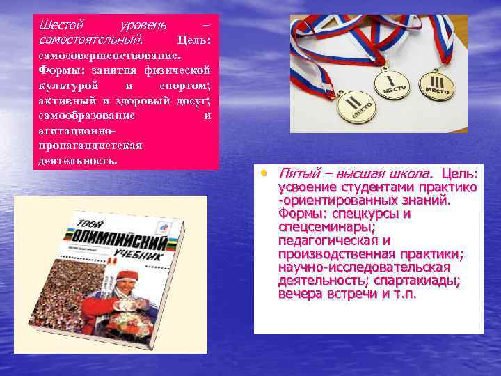 Шестой уровень – самостоятельный. Цель: самосовершенствование. Формы: занятия физической культурой и спортом; активный и