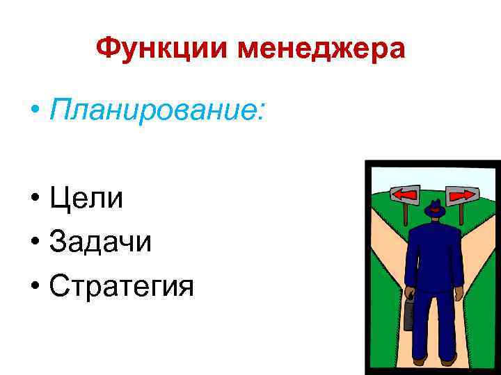 Функции менеджера • Планирование: • Цели • Задачи • Стратегия 