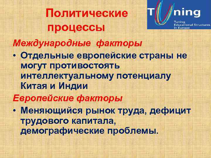 Политические процессы Международные факторы • Отдельные европейские страны не могут противостоять интеллектуальному потенциалу Китая