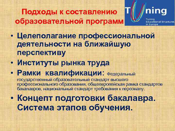 Подходы к составлению образовательной программ • Целеполагание профессиональной деятельности на ближайшую перспективу • Институты