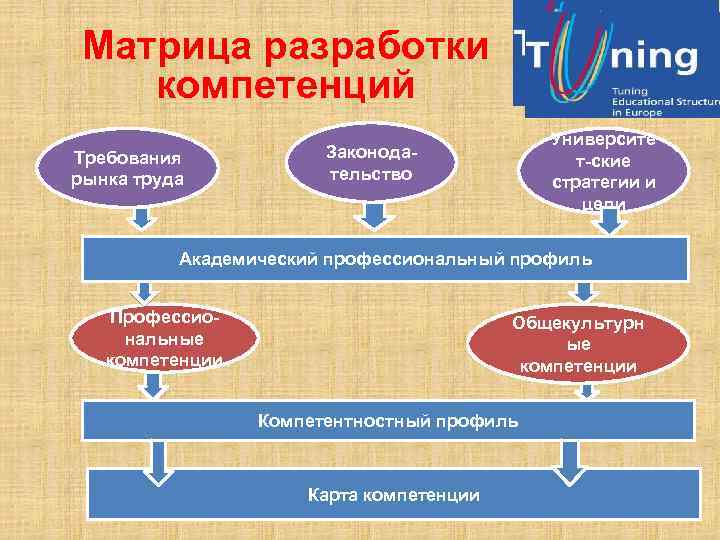 Матрица разработки компетенций Требования рынка труда Университе т-ские стратегии и цели Законодательство Академический профессиональный