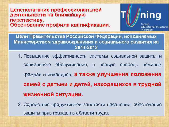 Целеполагание профессиональной деятельности на ближайшую перспективу. Обоснование профиля квалификации. Цели Правительства Российской Федерации, исполняемых