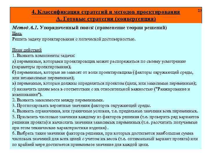 4. Классификация стратегий и методов проектирования А. Готовые стратегии (конвергенция) 23 Метод А. 1.