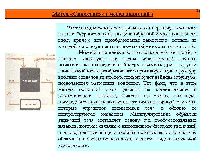Метод «Синектика» ( метод аналогий ) 28 Этот метод можно рассматривать, как передачу выходного