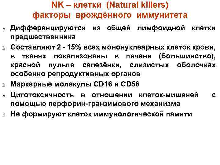 NK – клетки (Natural killers) факторы врождённого иммунитета ь Дифференцируются из общей лимфоидной клетки
