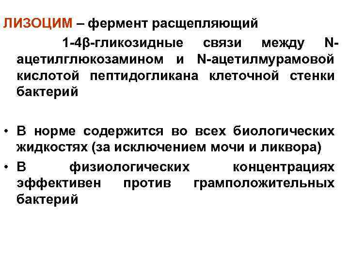 ЛИЗОЦИМ – фермент расщепляющий 1 -4β-гликозидные связи между Nацетилглюкозамином и N-ацетилмурамовой кислотой пептидогликана клеточной
