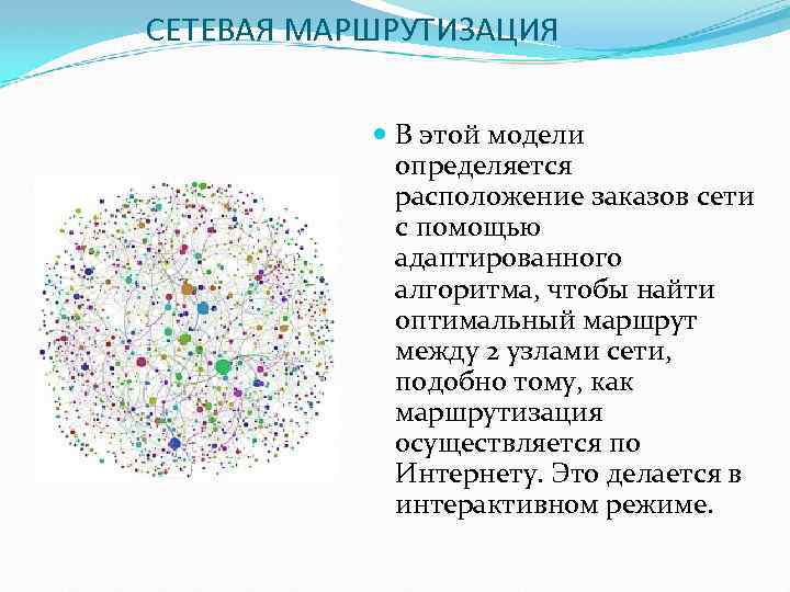 СЕТЕВАЯ МАРШРУТИЗАЦИЯ В этой модели определяется расположение заказов сети с помощью адаптированного алгоритма, чтобы